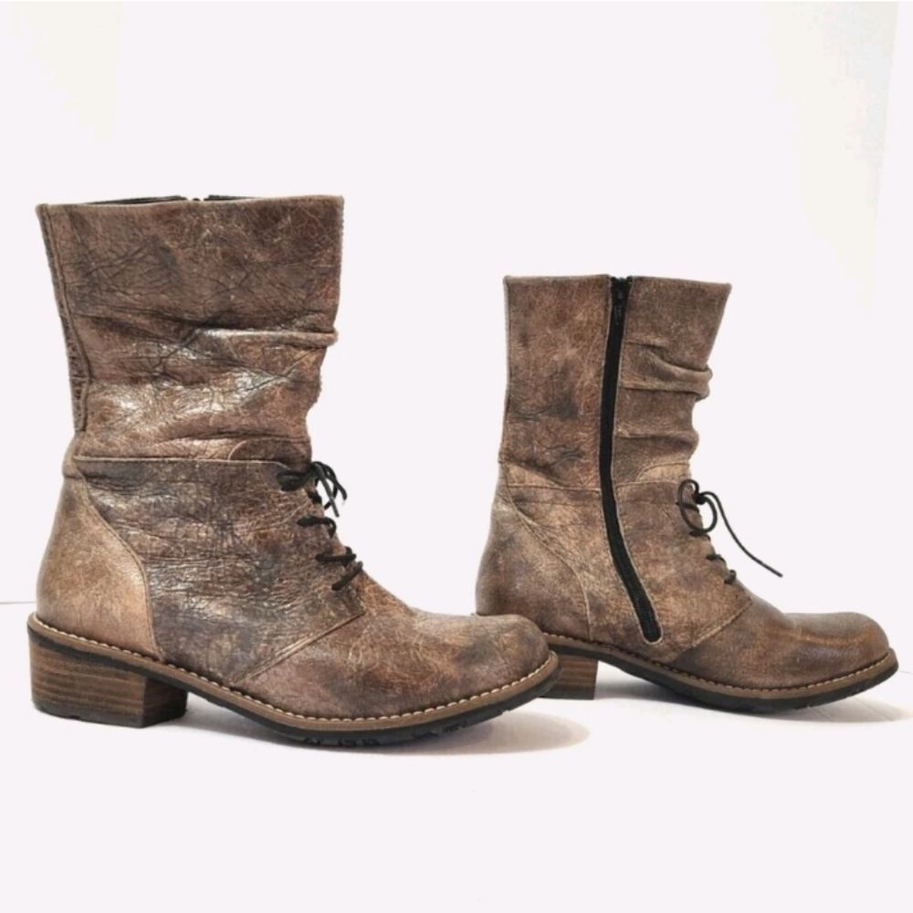 Wolky Taupe Leather Mid Calf Heeled Boots Lace Up Side Zip Size 38